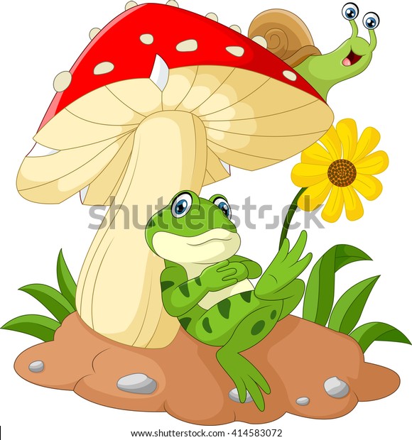 Cute frog and snail cartoon with mushroom