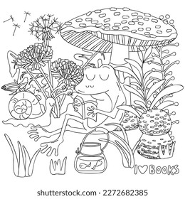 Cute frog   snail are reading book together Characters are sitting under fly agaric mushroom  Blooming dandelion grass  jar and frog babies Black linear vector illustration for coloring white 