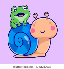 Cute Frog And Snail Together Cartoon Vector Icon Illustration. Animal Nature Icon Concept Isolated Premium Vector. Flat Cartoon Style