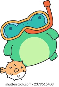 Cute frog with snorkeling mask and puffer. Vector illustration.