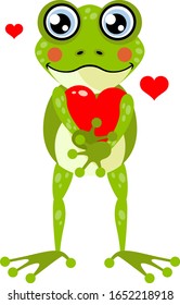 Rana corta parada sosteniendo un corazón rojo