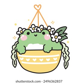 Cute frog stay with flower and leaf in plant pot.Nature.Reptile animal character cartoon design.Kawaii.Vector.Illustration.