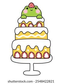 Cute frog stay on big cake.Happy birthday.Celebration party.Strawberry.Reptile animal character cartoon design.Kawaii.Vector.Illustration.