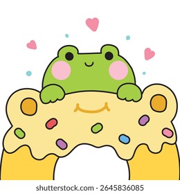 Sapo bonito ficar em doce sabor baunilha donut.Sweet e sobremesa.Padaria.Heart.Reptile personagem animal desenho animado.Kawaii.Vetor.Ilustração.
