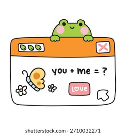 Cute frog stay on checkboxes on computer screen.Flower,leaf,butterfly hand drawn.Love.Reptile animal character cartoon.Kawaii.Vector.Illustration.