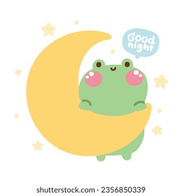 Cute frog stay on moon with star on white background.Good night font hand drawn.Reptile animal character design.Pastel.Kawaii.Vector.Illustration.