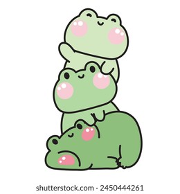 Cute frog stay on top each other greeting.Reptile animal character cartoon design.Image for card,poster,sticker,baby clothing,t shirt print screen.Relax.Lay.Kawaii.Vector.Illustration.