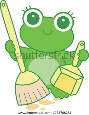 Cute Frog sticker icon. Funny Frog cleanings the floor with broom and duster
