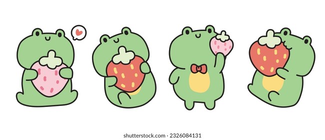 Cute frog with strawberry in various poses on background.Reptile animal character design.Fruit.Isolated.Kawaii.Vector.Illustration.