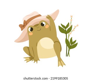 Cute frog in summer hat. Funny girl froggy. Adorable amphibian animal. Lovely kawaii female toad character. Childish anthropomorphic flat vector illustration isolated on white background