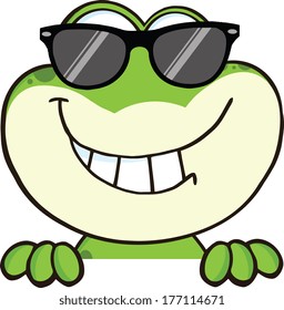 Cute Frog With Sunglasses Cartoon Mascot Character Over Blank Sign. Vector Illustration Isolated on white