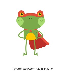 Cute frog in superhero costume vector cartoon character isolated on a white background.