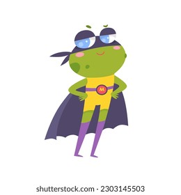 Cute frog superhero vector illustration. Cartoon isolated happy adorable animal character standing in funny hero pose, green strong and brave baby toad in cape and mask smiling, frog with silly face