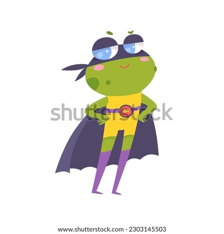 Cute frog superhero vector illustration. Cartoon isolated happy adorable animal character standing in funny hero pose, green strong and brave baby toad in cape and mask smiling, frog with silly face