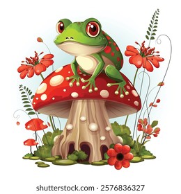 A cute frog surrounded by bright red flowers sits on a fantasy fly agaric. Vector cartoon childrens clipart drawing for decorating children's room, t-shirts print, covers, wallpapers, cards design.