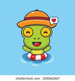 Cute frog swimming on beach cartoon illustration.