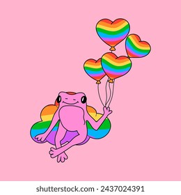 Cute frog with symbols set in rainbow colors. Vector illustration. Pride Month