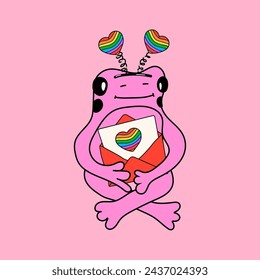 Cute frog with symbols set in rainbow colors. Vector illustration. Pride Month