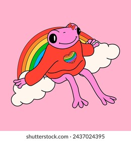 Cute frog with symbols set in rainbow colors. Vector illustration. Pride Month