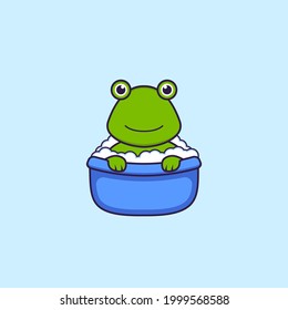 Cute frog taking a bath in the bathtub. Animal cartoon concept isolated. Can used for t-shirt, greeting card, invitation card or mascot.
