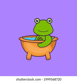 Cute frog taking a bath in the bathtub. Animal cartoon concept isolated. Can used for t-shirt, greeting card, invitation card or mascot.