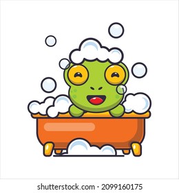 Cute frog taking bubble bath in bathtub. Cute cartoon animal illustration.