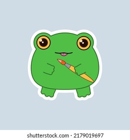 Cute frog with a tassel, sticker on a gray background. Children's vector illustration