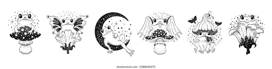 Cute frog Tattoo graphics. Frogs on mushroom, flower, moon. Vintage drawings of toads and frogs with bat and butterfly wings with celestial pattern. Magic animals, vector sketch tattoo illustration