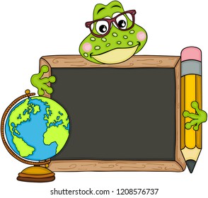 Cute frog teacher with school board and globe