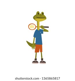 Cute Frog Tennis Player, Humanized Animal Cartoon Character Wearing Sports Uniform Standing with Racket Vector Illustration