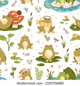 Cute frog and toad characters pattern. Seamless kids background with funny amphibian animals in pond, nature. Repeating print with happy froggies. Childish colored flat vector illustration for