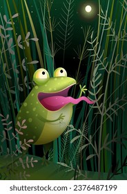 Cute frog or toad singing in swamp at night. Frog quack in nature scenery with stars and night sky, greeting card illustration for children. Hand drawn vector cartoon in watercolor style for kids.