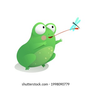 Cute frog or toad sitting catching a dragonfly with its long tongue. Funny adorable frog for children. Vector illustration for children in watercolor style.