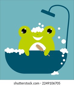 A cute frog with a toothbrush takes a bubble bath