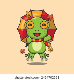 Cute frog with umbrella at autumn season. Mascot cartoon vector illustration suitable for poster, brochure, web, mascot, sticker, logo and icon.