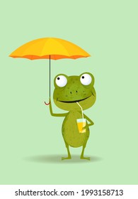 Frösche mit Regenschirm auf Regensymbol, Charakter, Vektorgrafik.