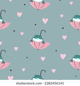 Cute frog with umbrella seamless pattern. Vector illustration for kids