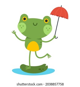 Cute frog with umbrella vector cartoon character isolated on a white background.