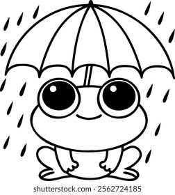 Cute frog under umbrella enjoying rain with cheerful expression