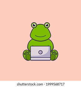 Cute frog using laptop. Animal cartoon concept isolated. Can used for t-shirt, greeting card, invitation card or mascot.
