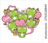 Cute frog various poses stay in heart shape.Valentines day.Love.Flower,gift box,balloon,dragonfly.Reptile animal character cartoon design.Kawaii.Vector.Illustration.