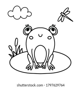 Cute frog. Vector illustration for coloring book. Printable coloring page for kindergarten and preschool.