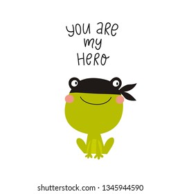 Cute frog vector print for baby.  Cartoon little frog vector illustration. Super Hero Frog