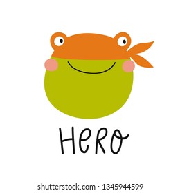 Cute frog vector print for baby.  Cartoon little frog vector illustration. Super Hero Frog