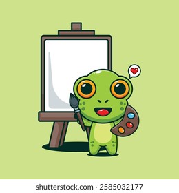 Cute frog wants to paint on canvas cartoon vector illustration. vector cartoon illustration suitable for poster, brochure, web, mascot, sticker, logo and icon.