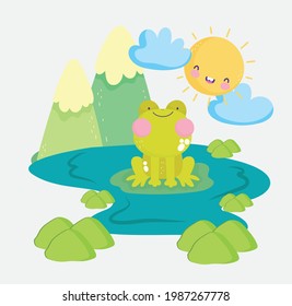 cute frog water mountains landscape