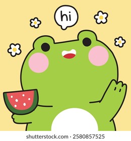 Cute frog with watermelon fruit greeting hi text.Summer.Flower.Reptile animal character cartoon.Image for card,sticker,baby clothing,print screen.Kawaii.Vector.Illustration.