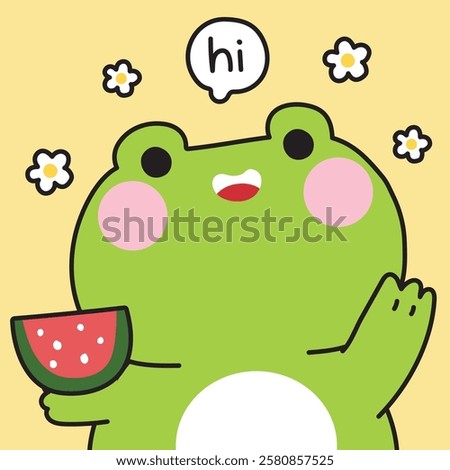 Cute frog with watermelon fruit greeting hi text.Summer.Flower.Reptile animal character cartoon.Image for card,sticker,baby clothing,print screen.Kawaii.Vector.Illustration.