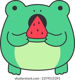 Cute frog with watermelon in its mouth. Vector illustration.