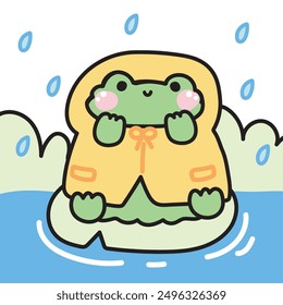 Cute frog wear rain coat sit on leaf river background.Rainy season.Reptile animal character cartoon design.Kawaii.Vector.Illustration.